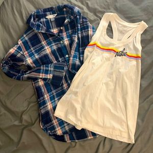 Old Navy flannel and Nike white tank